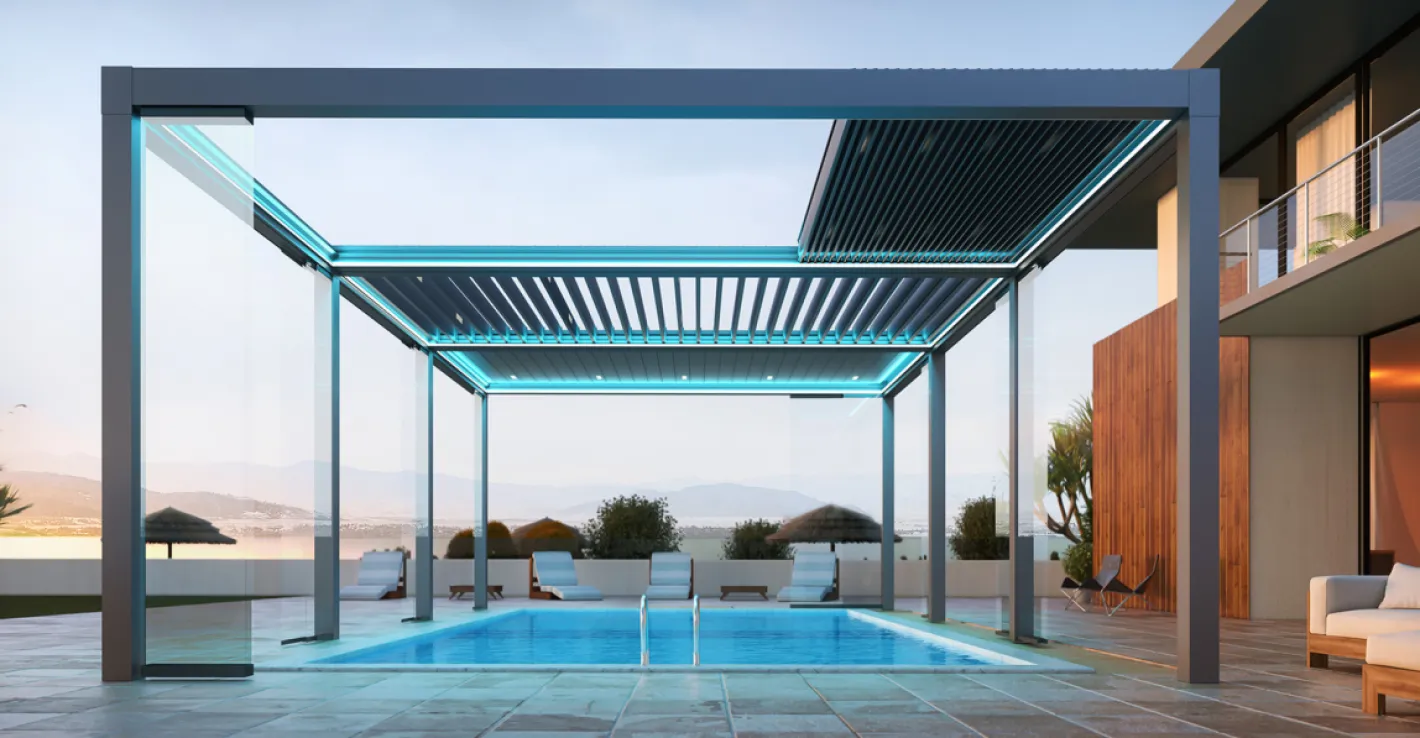 Наслаждайтесь отдыхом у воды под прочной и элегантной алюминиевой перголой.
